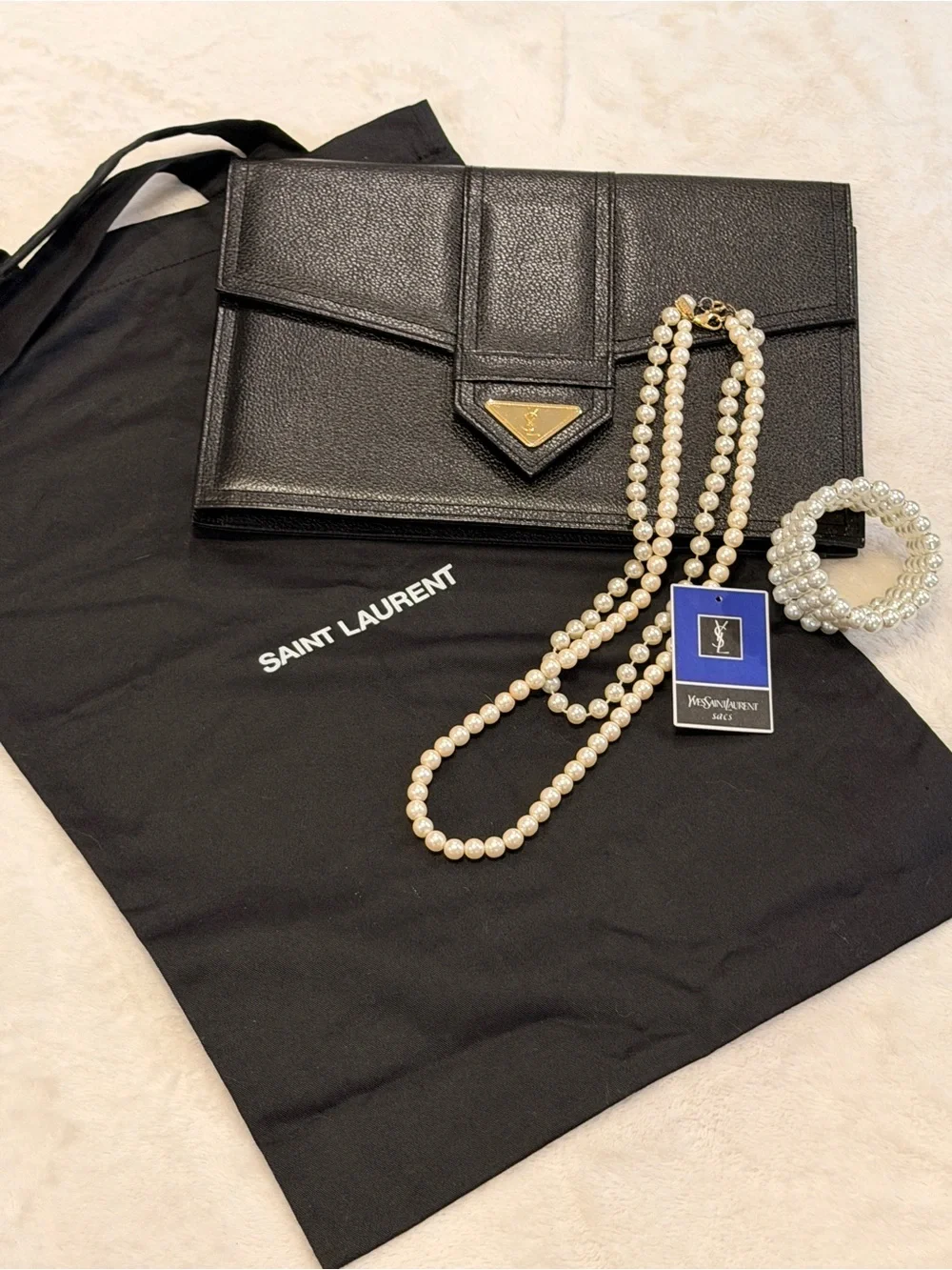 Vintage Yves Saint Laurent YSL Black Leather Envelope Clutch + Dust Bag Tote - Picture 3 of 4